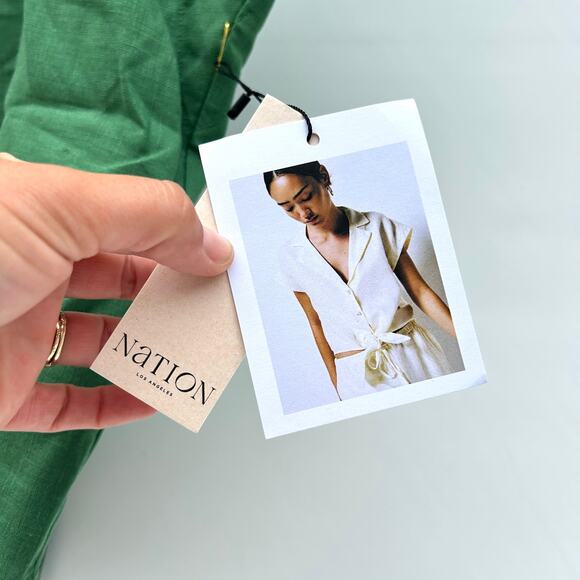 New Nation Ltd Los Angeles Noemi Tie Top Linen Crop Lawn Green Small Blouse - Picture 8 of 11